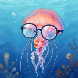 jellyfish wearing glasses, glasses frames, nerd, underwater, digital watercolor, artstation