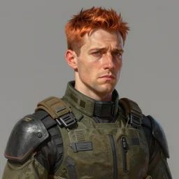 Portrait of a man by Greg Rutkowski, he is about 40 years old, short copper hair, attractive, military composure, younger brother vibes, expression of sorrow and disbelief, he is wearing futuristic tactical gear, highly detailed portrait, digital painting, artstation, concept art, smooth, sharp foccus ilustration, Artstation HQ.