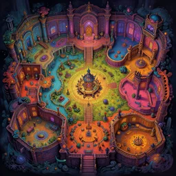 A psychedelic rpg dark hellscape dungeon map rooms , vibrant color scheme, highly detailed, in the style of romanticism, cinematic, artstation, Moebius, Greg rutkowski
