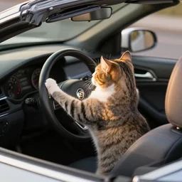 cat sitting in driver seat of a cabriolet, paws resting on top of steering wheel, golden hour, top view