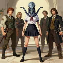 xenomorph, school uniform, seifuku, pleated miniskirt, overknee socks, battle angel alita. by ridley scott and rembrandt 1 6 6 7, illustration, by konstantin razumov, by william - adolphe bouguerea