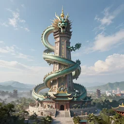 gigantic tower in a stunning landscape, a chinese dragon winds itself around the tower, artstation, 4 k, concept art, grimgar