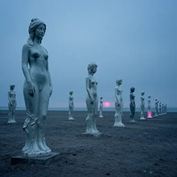 a long beach scattered with towering statues of ceramic women with pink light on the horizon by roger dean, edward hopper, zdzislaw beksinski highly detailed 8 k, blue, bleak,