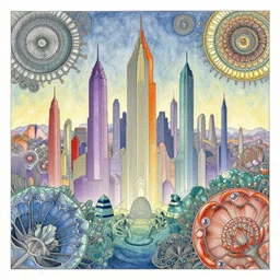 gem colors in future cityscape by Joe Fenton and Ernst Haeckel