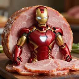 a deli meat ham slices suit that resembles ironman, covered with slices of ham, movie still, 8 k