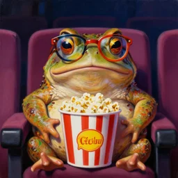 hyper realistic oil painting of fat toad!! wearing anachrome! glasses sitting in the cinema with bucket of popcorn, vibrant colors, high contrast, by greg rutkowski, trending on artstation