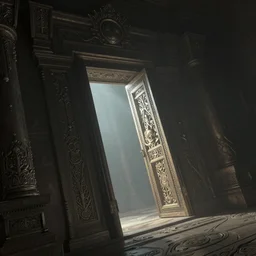 A distant and wide angle view of a carved ornate open doorway into eternity found amongst the realms of a forgotten civilization, light iluminating, Concept art, Art by Greg Rutkowski and Noah Bradley, Brian Despain, Shaun Tan, digital art, mysterious, otherworldly