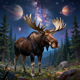 psychedelic, trippy, cowboy, moose, pine forest, planets, milky way, cartoon by rob gonsalves