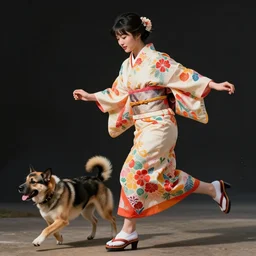 photo, young woman running from aggressive dog, high heels, colorful kimono