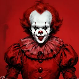 pennywise, in the style of beksinski, red, black, vibrant, chiaroscuro, high detail, perfect artwork, clean lines