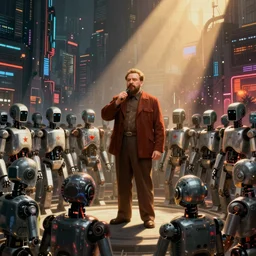 robot revolutionary speaking to a crowd of robots amid the backdrop of a cyberpunk city in the socialist realist style of !!!!lenin speaking to the red army by isaac brodsky!!!!