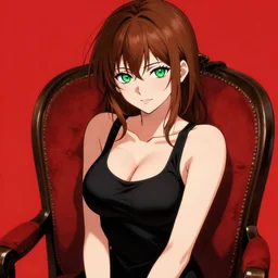 sexy girl with brown hair and green eyes, wearing a low cut tanktop, sitting in a chair, red and black color palette, in the style of and ilya kuvshinov and greg rutkowski, high quality anime artstyle, intricate