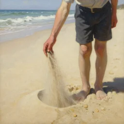 a full shot of a little man, standing on a beach, his hand slowly dissolving in sand and disappearing, intricate details, art by franz kafka, contest winner, fantasy art, oil on canvas