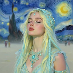 portrait of a beautiful girl, eyes closed, dreaming, burning man festival, intimate, pastel shades of light blue and light yellow, beautiful face, rule of thirds, intricate outfit, spotlight, by greg rutkowski, by jeremy mann, by francoise nielly, by van gogh, digital painting