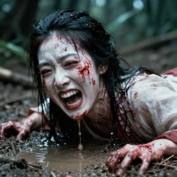 1 9 7 0 s movie still close - up of a bloody white japanese female ghost screaming to death going out of mud puddle, big teeth, swamp backround, cinestill 8 0 0 t 3 5 mm eastmancolor, heavy grain, high quality, noir, natural textures, photorealistic, ambient occlusion, hd, ultra wide lens, anamorphic, fade color