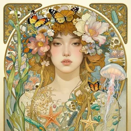 hyperrealistic detailed portrait of beautiful asian girl, with flowers, butterflies, corals, sea kelp, sea plants, starfish, jellyfish, bacteria, skulls, golden filigree, art by ernst haeckel, john william godward, hammershøi, alphons mucha, pontormo, ornamental, decorative, art nouveau pattern, lights by hopper, pastel colours,