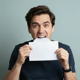 man eating!!!! paper with his mouth