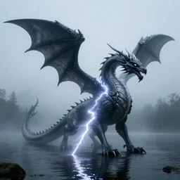 lightning shaped like a dragon, lake background, gerald brom, hyper detailed, 8 k, fantasy, dark, grim, foggy