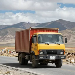 Tibetan Tonka truck on a road in the Tibetan mountains