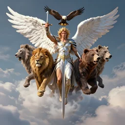 full body render of a multi headed angelic warrior holding a sword hovering above the clouds with the head of a lion, head of a bear, head of an eagle, head of a human male and 6 angelic wings