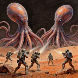 space soldiers shoot at giant alien squids on mars, colored pencil, highly detailed, highly accurate, deep aesthetic, 8 k, highly ornate intricate details, cinematic lighting, rich colors, ray tracing, hyperrealistic, photorealistic, cinematic landscape, trending on artstation, art by artgerm and mizutani shion, 8 k