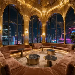 wide angle photo of 60‘s great  lounge baths  interior from eyes wide shut, with golden intricate details and subtle lights, neon-decorated urban on night in the city seen through the windows,modern interior design, architectural design, vintage, night blade runner, dark, postapocalyptic, clean lines, 4k, octane, colorful ,lunarcore city seen at distance outside, big windows,octane, wide angle