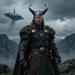 viking warrior with glowing eyes, on a mountain, with cape, with spaceship in the background