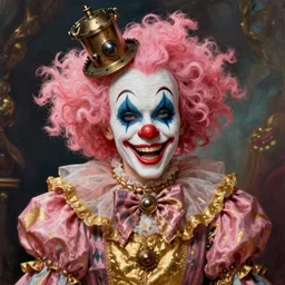 Portrait of a creepy steampunk clown, fantasy, colorful, detailed, by Greg Rutkowski and Dave McKean, pink and gold color palette