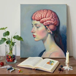 “ sensual, a portrait in a female art student ’ s apartment, brain, fresh fruit, anatomical textbook, berries, plants in scientific glassware, art materials, candle dripping white wax, berry juice drips, neo - expressionism, surrealism, acrylic and spray paint and oilstick on canvas ”