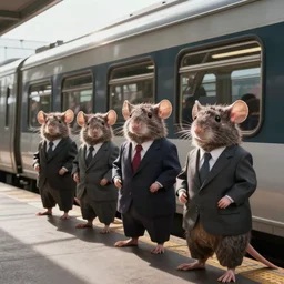 anthropomorphic rats in suits waiting for the train, photorealistic rendering, concept art