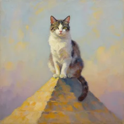 An impressionist oil painting of a cat sitting on top of a pyramid