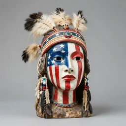 a beautiful portrait sculpture designed by Sandra Chevrier, tribal head dress, American stars and stripes on face, by Annie Leibovitz