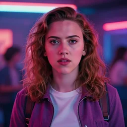 scarlett johansson portrait, stranger things character, 8 0 s, neon, high school, student
