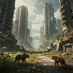 abandoned cityscape, wild animals roaming, futurepunk style, 8 k resolution, stunning composition, volumetric lighting,