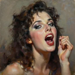 highly detailed expressionist oil painting of singing female, 5 0 s, intricate, fictional character, dynamic pose, side lighting, realistic shaded, expressively loose brush strokes, perfect face, 8 k realistic, hyper detailed, digital painting, artstation, concept art, hyper detailed eyes, top lighting, art by norman rockwell