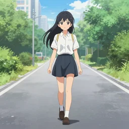 anime girl walking down the road from the real world