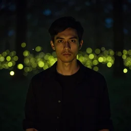 man portrait surrounded by fireflies, 8 k photography