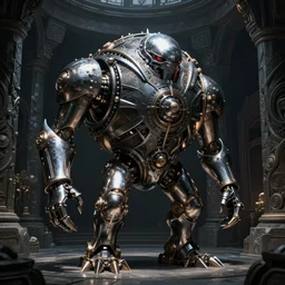 steel spherical golem in dark stone room, intricate, sharp focus, digital painting, giger