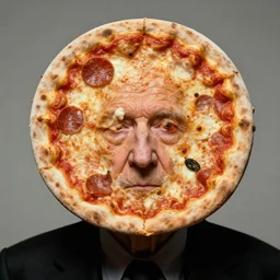 portrait of an old man with a flat circular head that looks exactly like a pizza, shaped like a pizza, with a small face sticking through the center of the pizza shape, remarkable documentation, disturbing reality, unsettling, extremely detailed, soft lighting, sharp focus, highly symmetrical, exhibition, masterpiece by h. r. giger