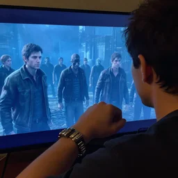 the screen where he was looking is very similar from the fallout game, especially the bracelet. and he looked at ordinary people through him and they seemed to him mutants, high mutation, unsuitable living conditions. overlay effect blue, 4 k,