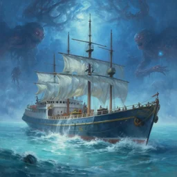 breathtaking detailed soft painting of an empty drunk ship with mystical horrors, bathing in dreaming lactescent sea, alcohol with blue delirium skies, water drowned hurrican, elegant, highly detailed, artstation, concept art, matte, sharp focus, art by tom bagshaw, and greg rutkowski