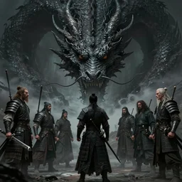 scene of a warrior againstt a giant dark dragon head, calm, muted colors, cinematic romantic magical, myth, mythical, mythic, masterpiece, crazed, by greg manchess, huang guangjian, gil elvgren, sachin teng, greg rutkowski, jesper ejsing, ilya kuvshinov