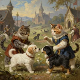 painted closeup of medieval fantasy cute kittens fighting dog puppies, fantasy medieval battlefield, fantasy intricate elegant extremely detailed digital painting trending artstation concept art sharp focus illustration art by gustave courbet greg rutkowski craig mullins