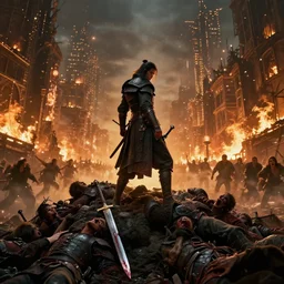a lone warrior, standing atop a pile of corpses, his / her sword dripping with blood. in the background is a burning city, with people screaming and running in every direction, intricate, glowing lights, highly detailed, action movie, sharp focus, art by artgerm and greg rutkowski