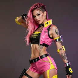 cyberpunk photorealistic character, tech wear outfit, wearables, dancer, gorgeous, similar to megan fox, pink and yellow, edgy, skull stamp, piercing, awe inspiring, artstation hd, 8 k, detailed, intricate, ornate, studio lights, golden ratio, masterpiece