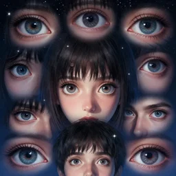 multiple eyes in the sky, night setting with stars. realistic shaded lighting poster by ilya kuvshinov katsuhiro, magali villeneuve, artgerm, jeremy lipkin and michael garmash, rob rey and kentaro miura style, trending on art station