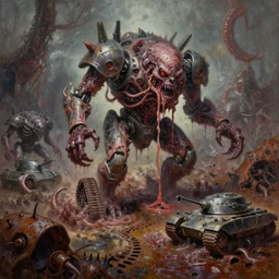 oil painting nightmare macerated future mollusk demons run mech army tanks metal noodle terrorizing army clawed chaos landscape fecund afraid of bolus demon barbed footprints treads hooped around destroyed rust landscape in primoridal slimes dropping into in terrifying necrotized skins, cinematic, fine art, ornate masterpiece, by vincent di fate