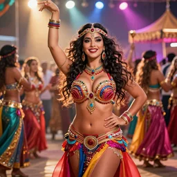 hyper realistic photography of bellydancer festival curvy partygirl saturated colors, cinematic, vallejo, frazetta, greg rutkowski, rowena morrill, juan gimenez