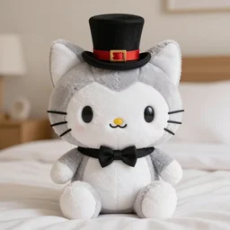 a plushie of a cat in a top hat, sanrio toys, famous stuffed animals, ty.com, plush toys, high detail, cute, photograph on a bed uhd 4k, rtx on