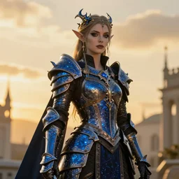 Gothic elf princess in dark and blue dragon armor, hyperdetailed, artstation, cgsociety, golden hour 8k